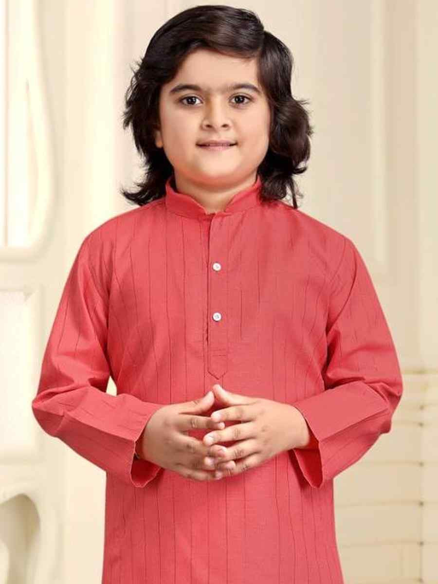 Peach Pure Cotton Slub Zardosi Festival Traditional Kurta Pyjama Boys Wear