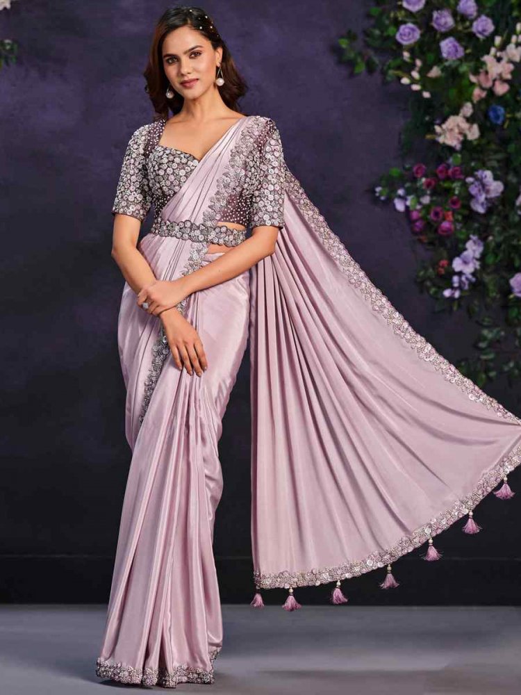 Peach Pure Crepe Georgette Embroidered Wedding Party Heavy Border Saree