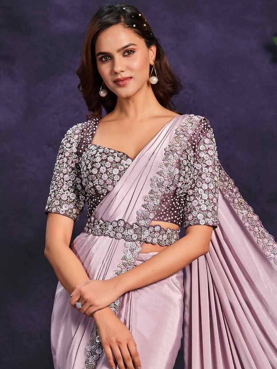 Peach Pure Crepe Georgette Embroidered Wedding Party Heavy Border Saree