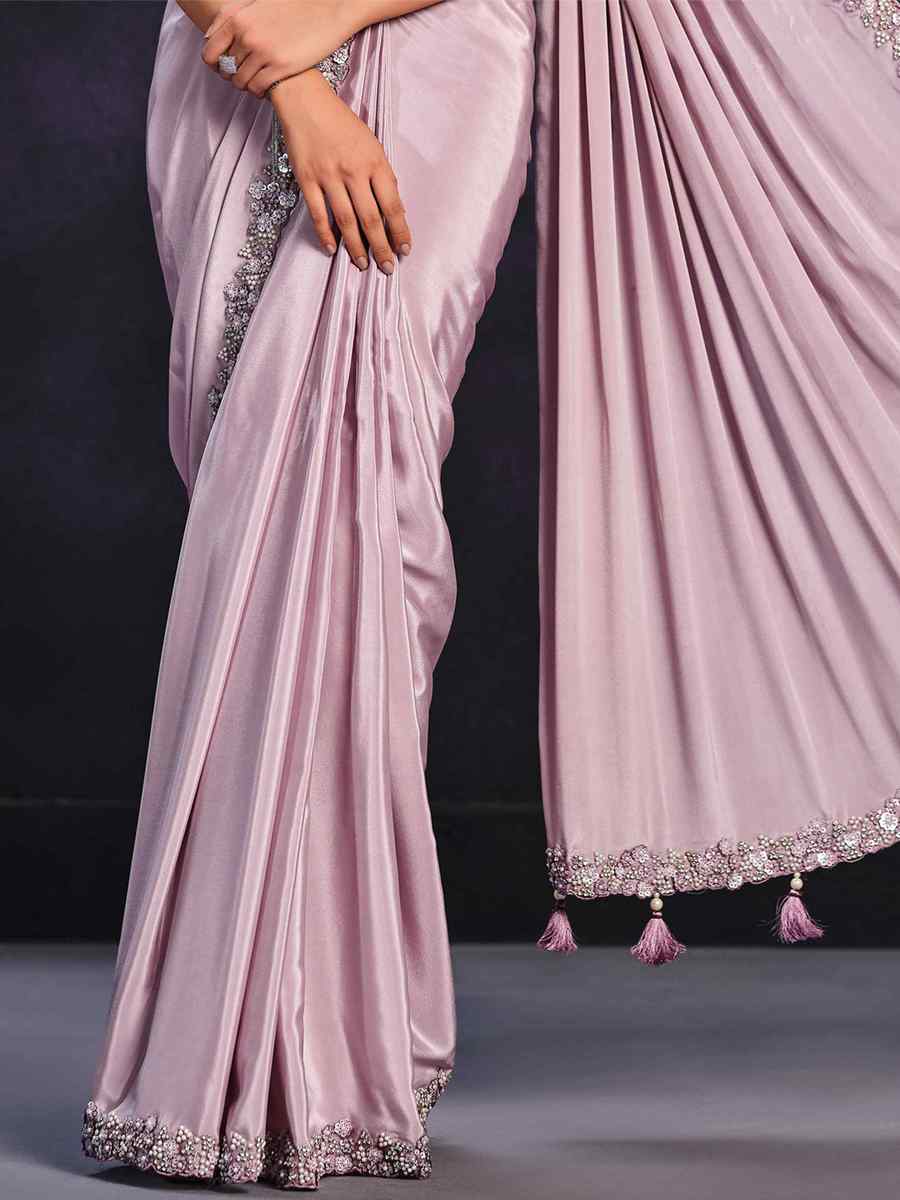 Peach Pure Crepe Georgette Embroidered Wedding Party Heavy Border Saree