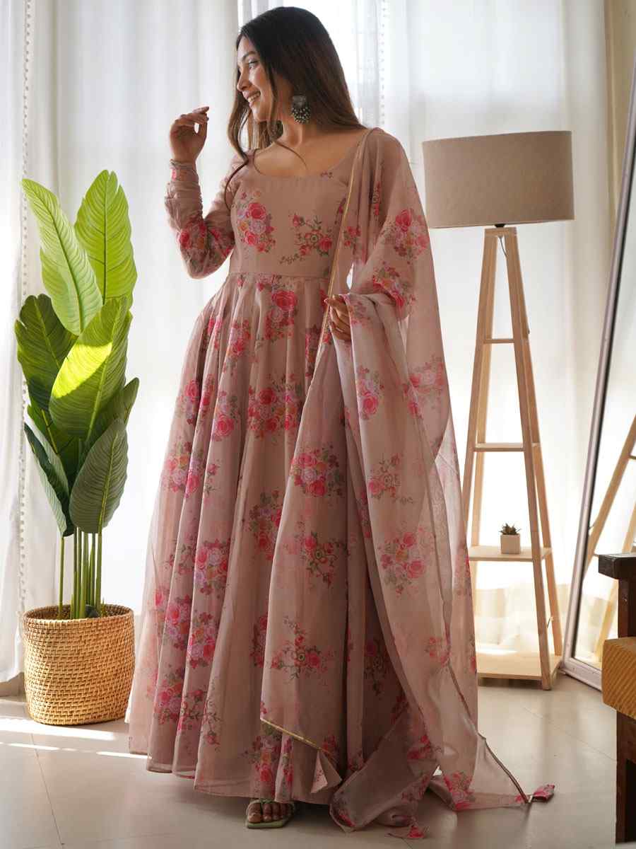 Peach Pure Organza Silk Printed Festival Party Ready Anarkali Salwar Kameez