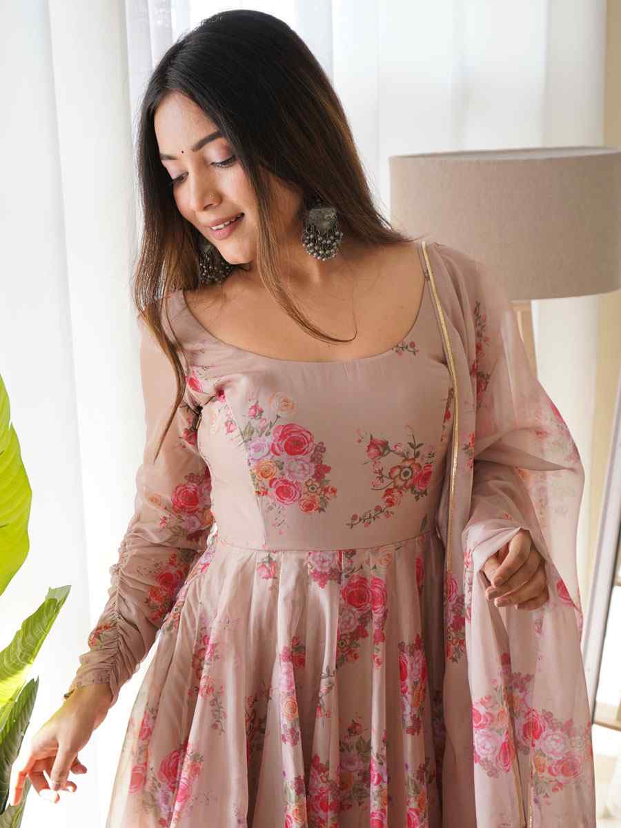 Peach Pure Organza Silk Printed Festival Party Ready Anarkali Salwar Kameez