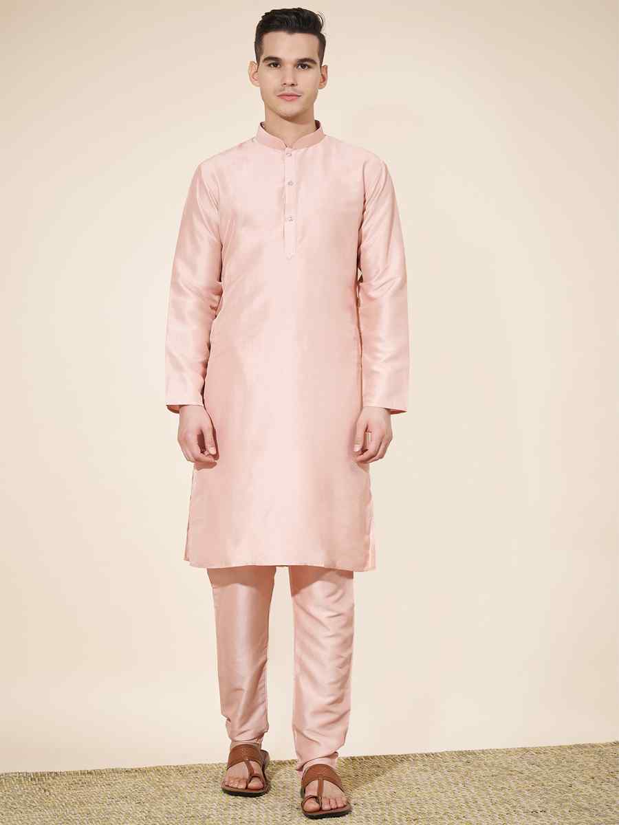 Peach Pure Silk Plain Festival Casual Kurta