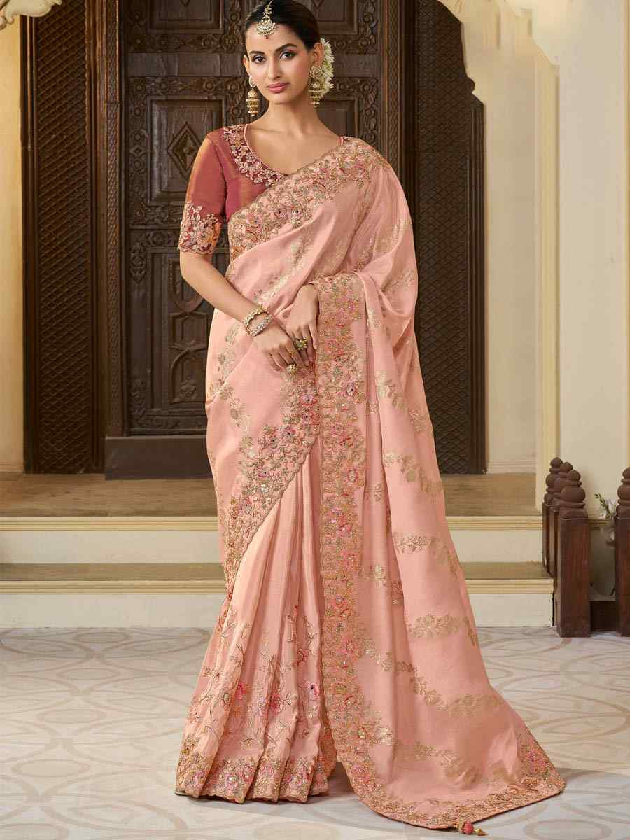 Peach Pure Tissue Silk Embroidered Festival Wedding Heavy Border Saree