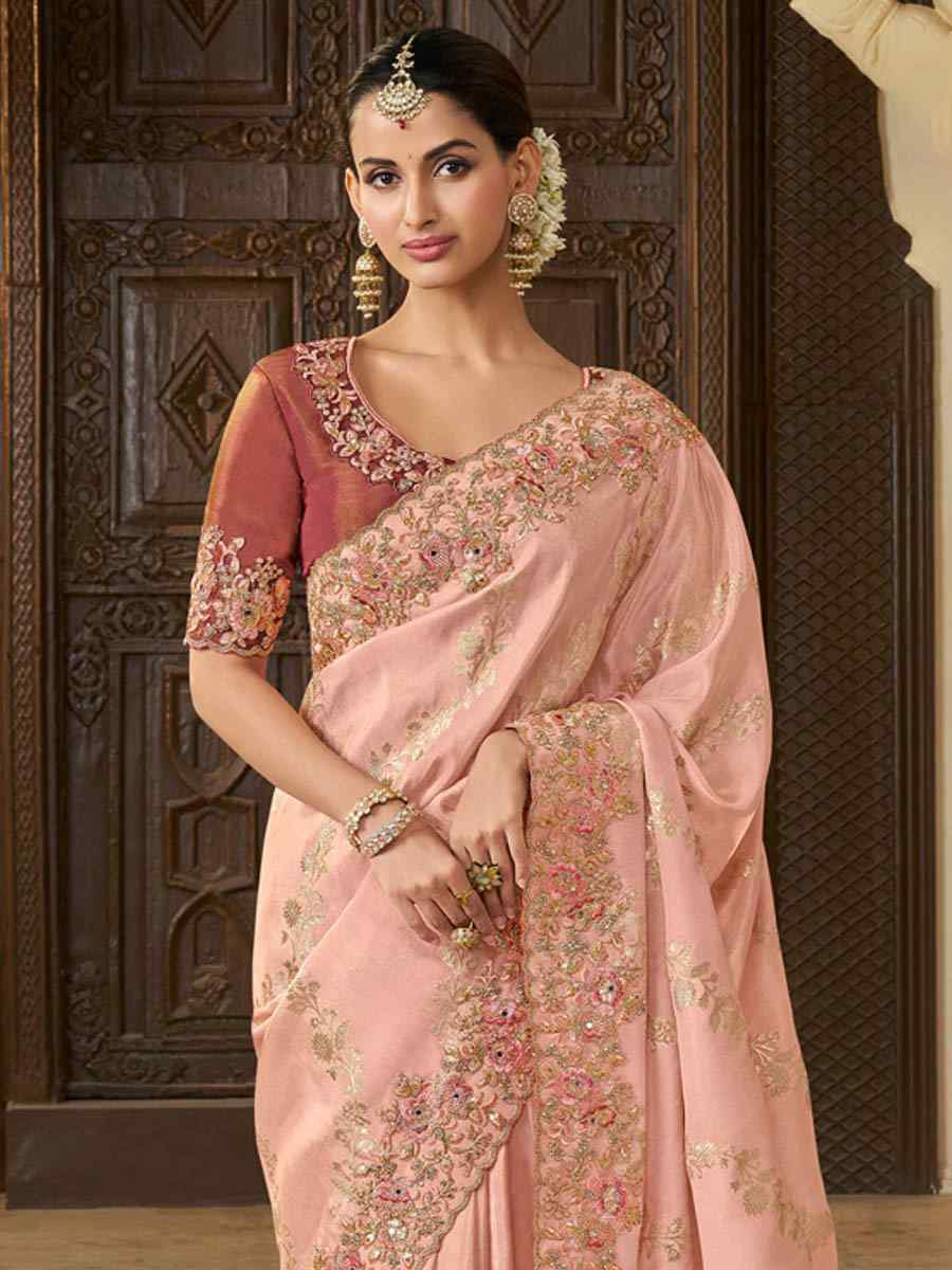 Peach Pure Tissue Silk Embroidered Festival Wedding Heavy Border Saree