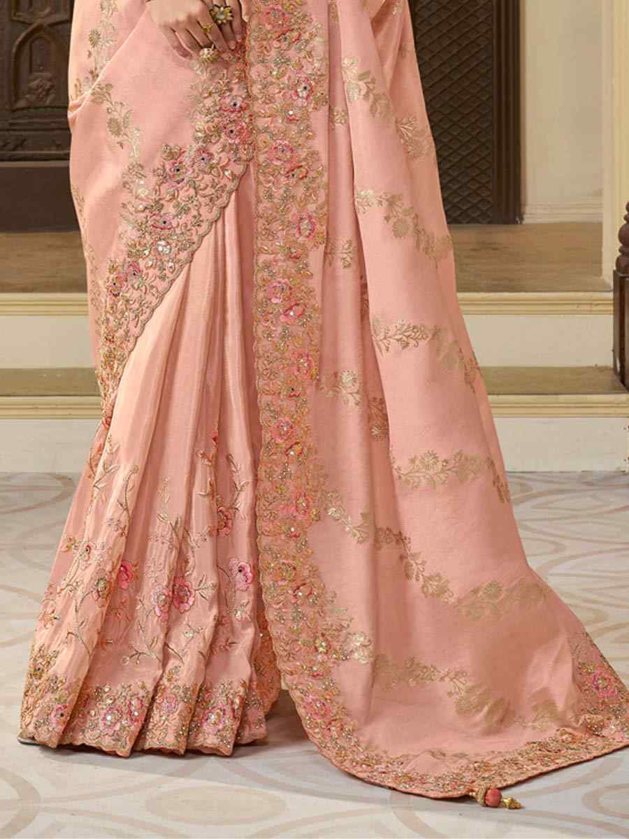 Peach Pure Tissue Silk Embroidered Festival Wedding Heavy Border Saree