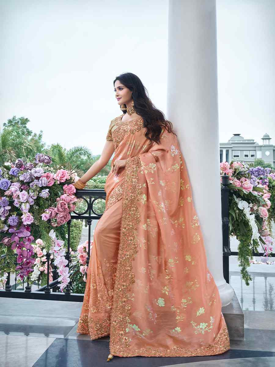 Peach Pure Tissue Silk Embroidered Reception Wedding Heavy Border Saree