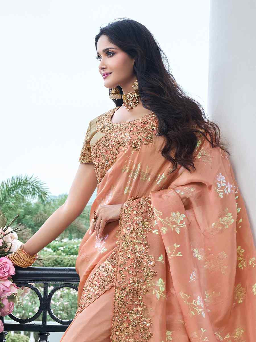 Peach Pure Tissue Silk Embroidered Reception Wedding Heavy Border Saree