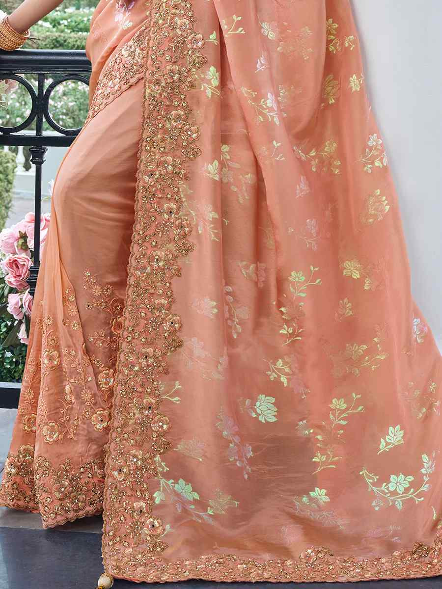 Peach Pure Tissue Silk Embroidered Reception Wedding Heavy Border Saree