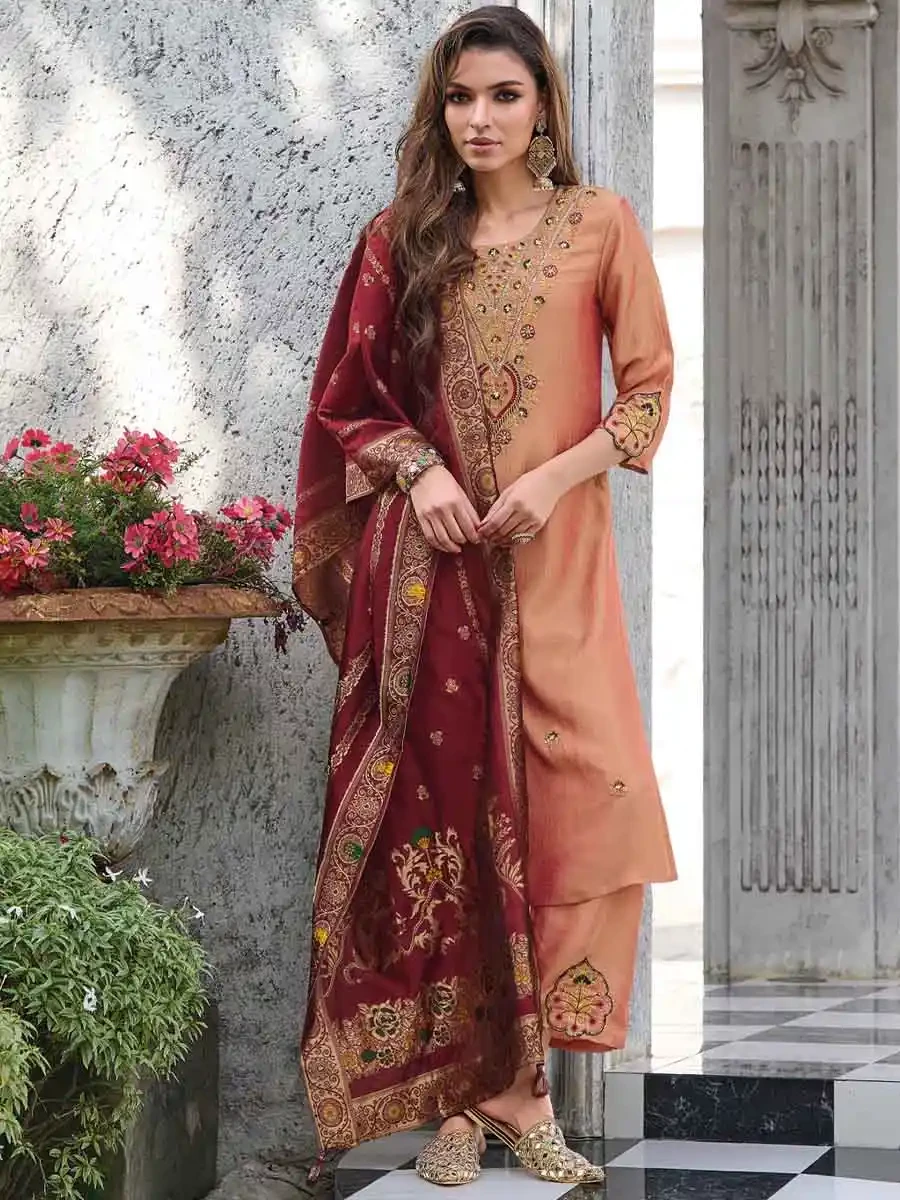 Peach Pure Viscose Embroidered Festival Casual Ready Pant Salwar Kameez