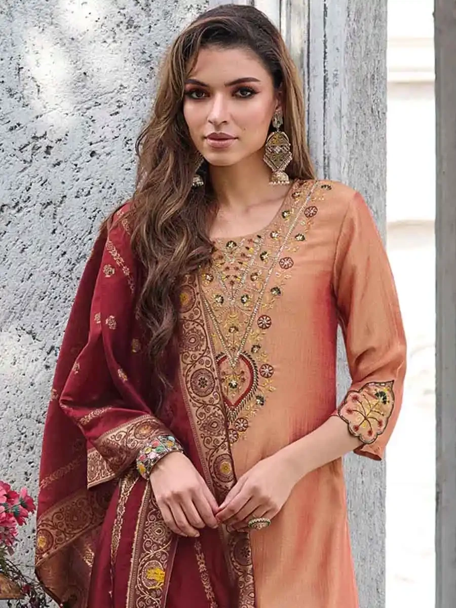 Peach Pure Viscose Embroidered Festival Casual Ready Pant Salwar Kameez