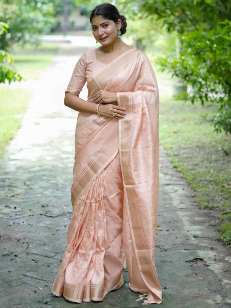 Peach Raw Silk Handwoven Festival Wedding Heavy Border Saree