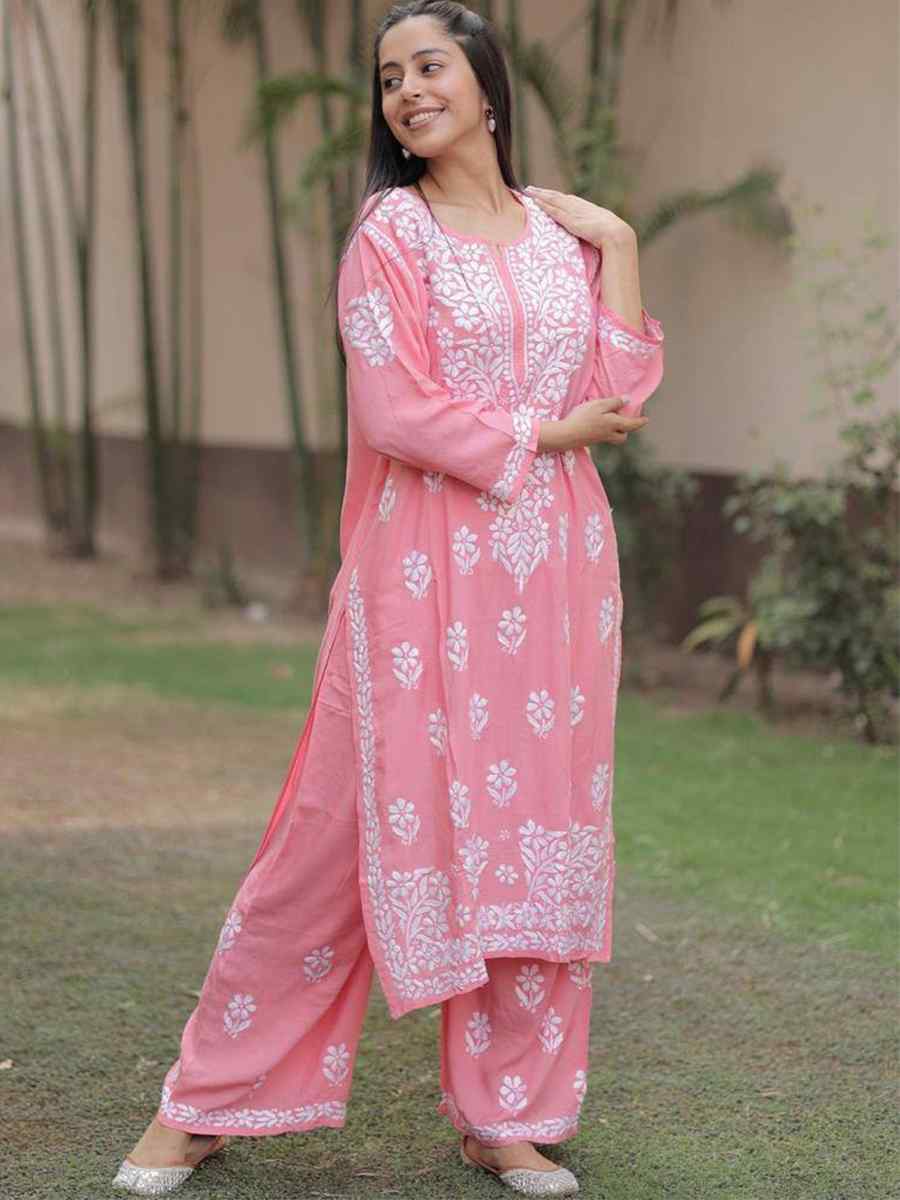 Peach Rayon Embroidered Festival Casual Ready Pant Salwar Kameez