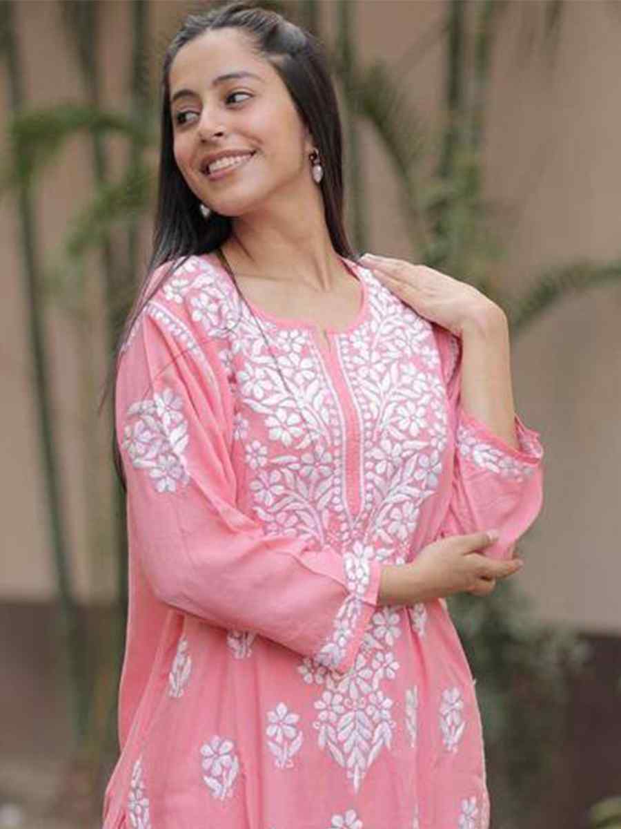 Peach Rayon Embroidered Festival Casual Ready Pant Salwar Kameez