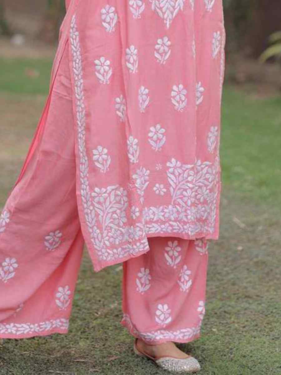 Peach Rayon Embroidered Festival Casual Ready Pant Salwar Kameez