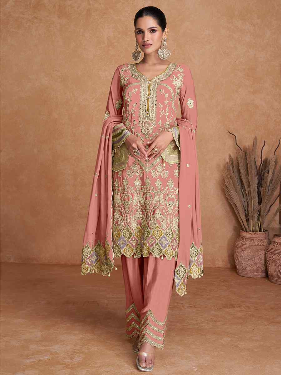 Peach Real Chinon Embroidered Festival Wedding Pant Salwar Kameez