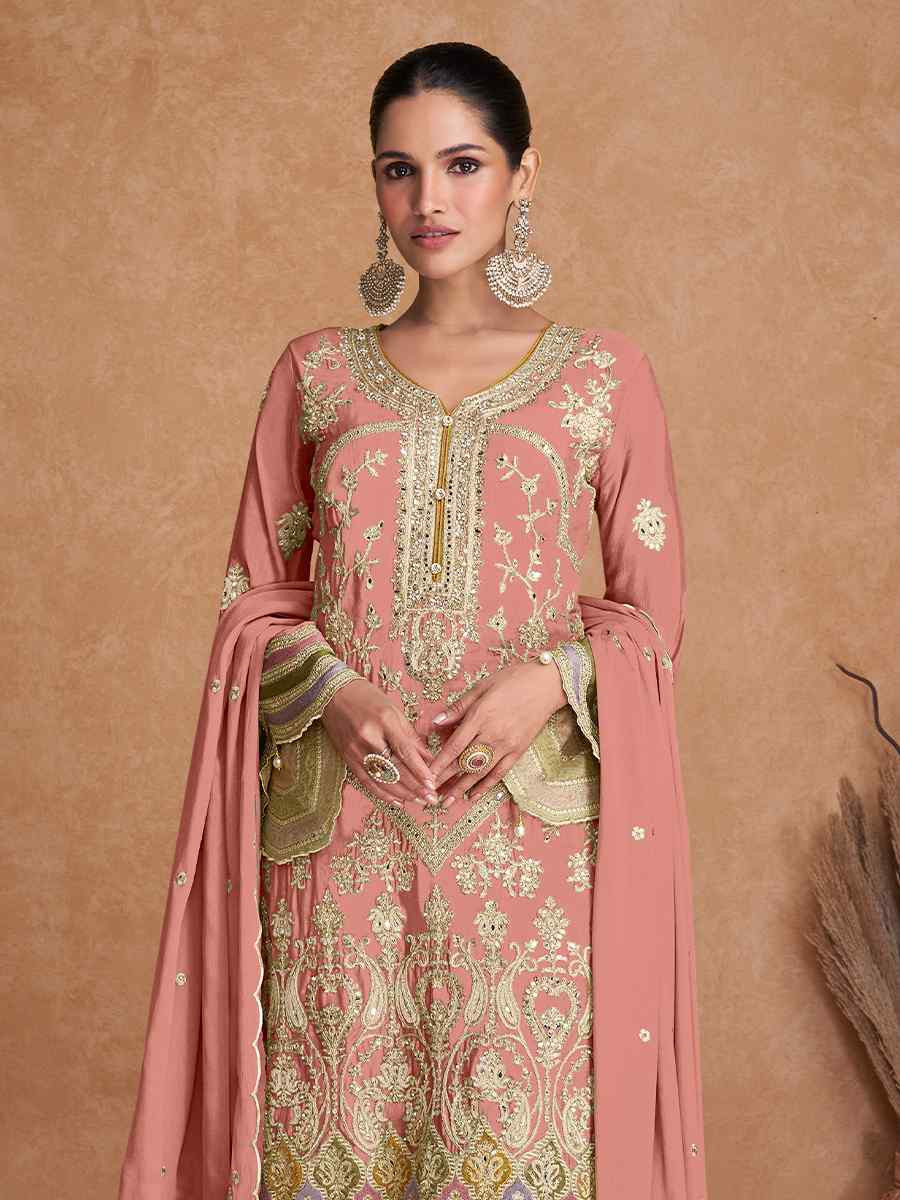 Peach Real Chinon Embroidered Festival Wedding Pant Salwar Kameez