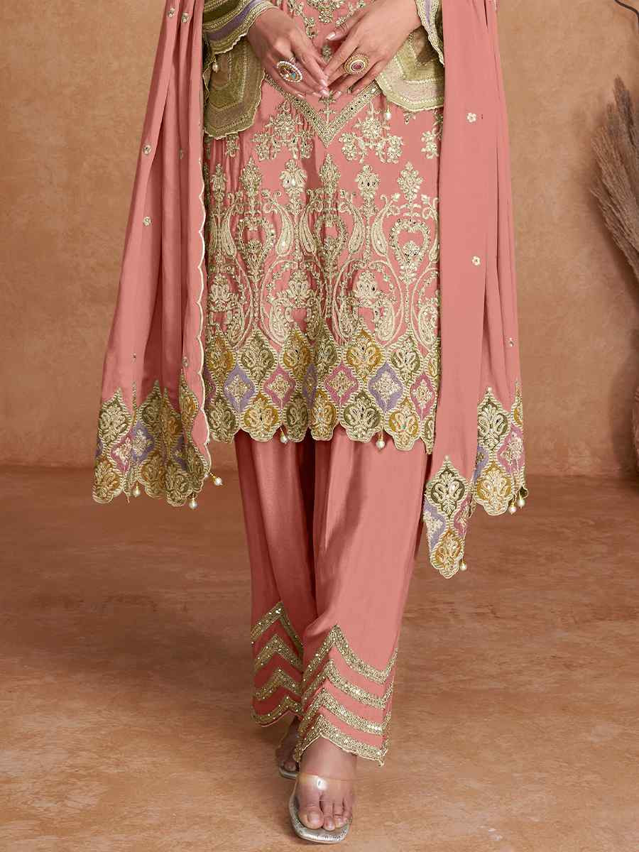 Peach Real Chinon Embroidered Festival Wedding Pant Salwar Kameez