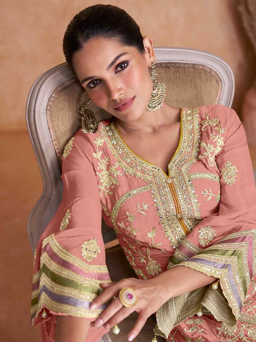 Peach Real Chinon Embroidered Festival Wedding Pant Salwar Kameez