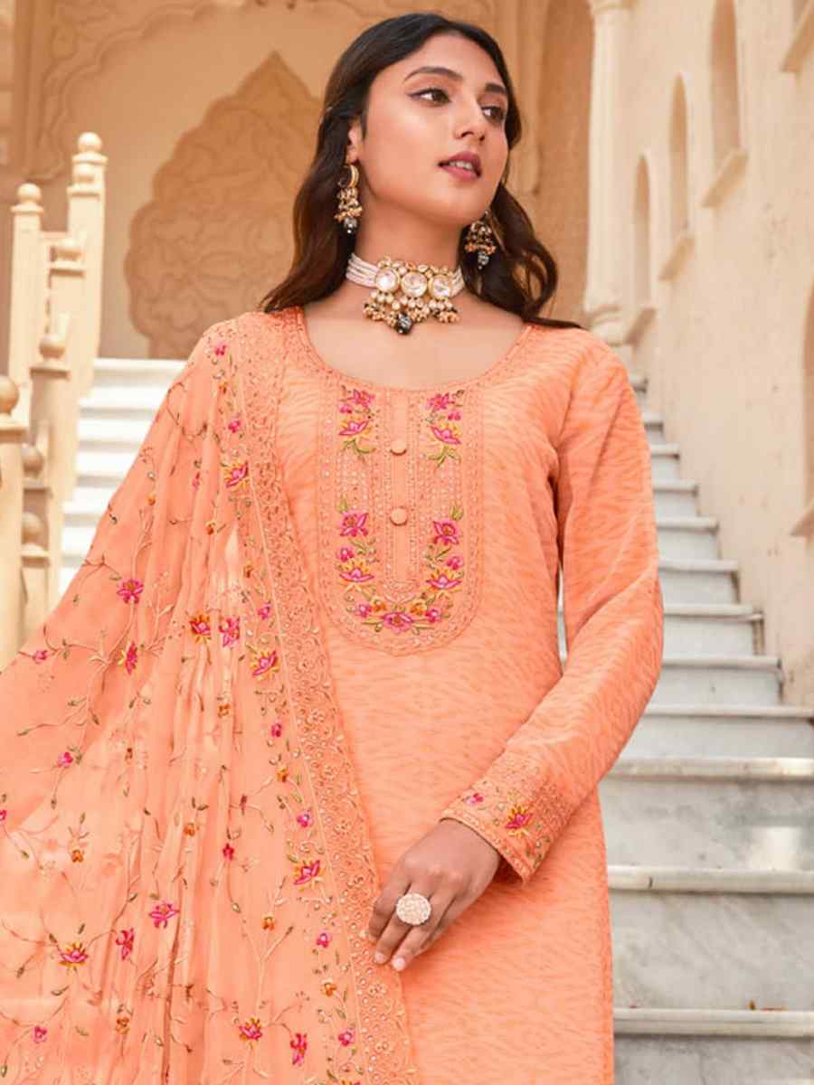 Peach Real Georgette Embroidered Festival Casual Pant Salwar Kameez