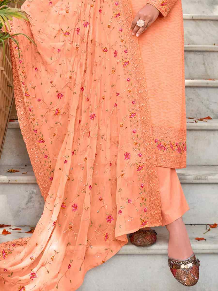 Peach Real Georgette Embroidered Festival Casual Pant Salwar Kameez