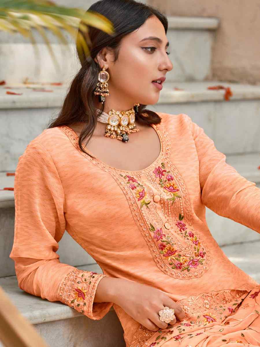 Peach Real Georgette Embroidered Festival Casual Pant Salwar Kameez