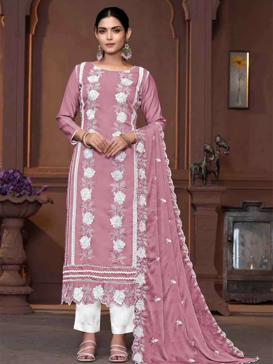 Peach Roman Silk Embroidered Casual Festival Pant Salwar Kameez