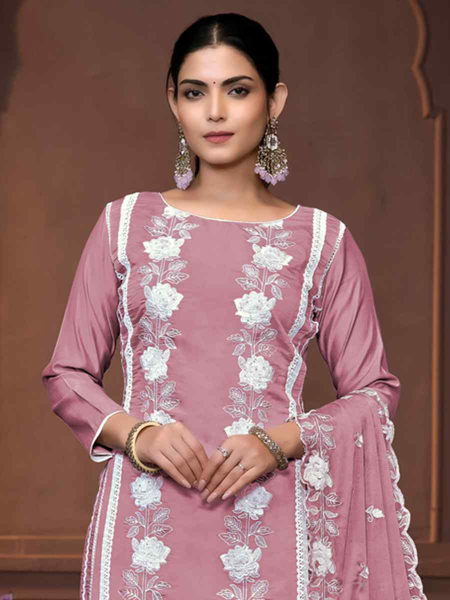 Peach Roman Silk Embroidered Casual Festival Pant Salwar Kameez