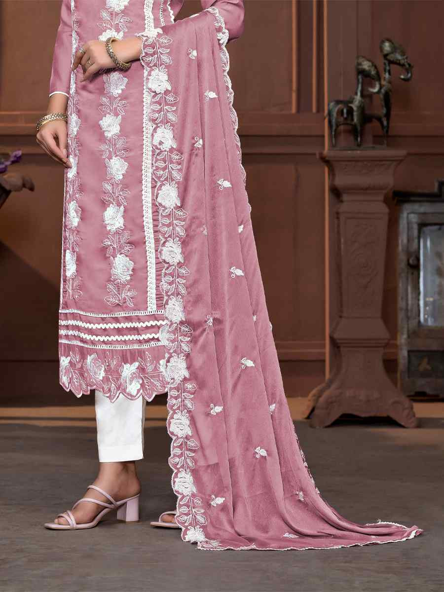 Peach Roman Silk Embroidered Casual Festival Pant Salwar Kameez