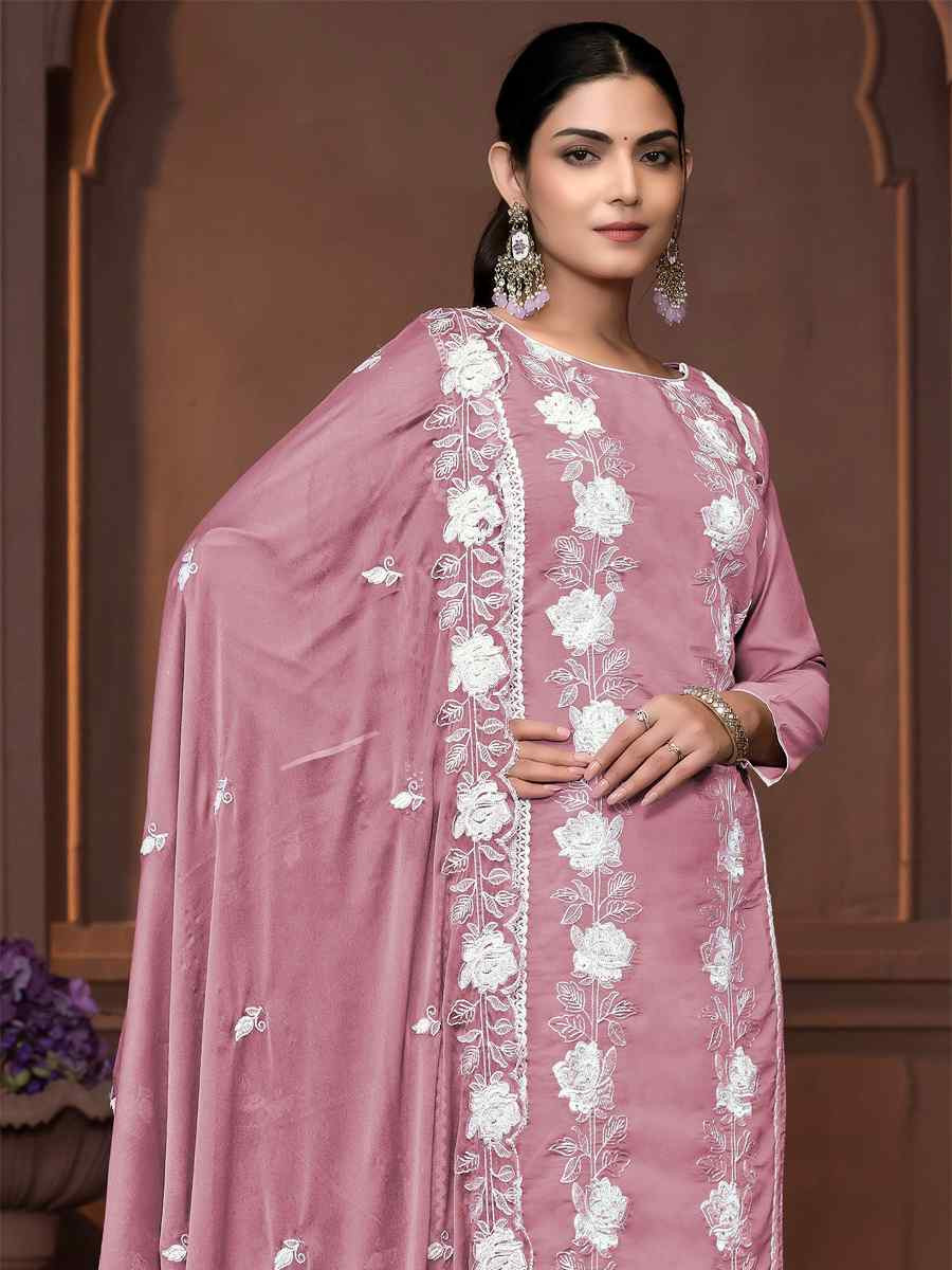 Peach Roman Silk Embroidered Casual Festival Pant Salwar Kameez