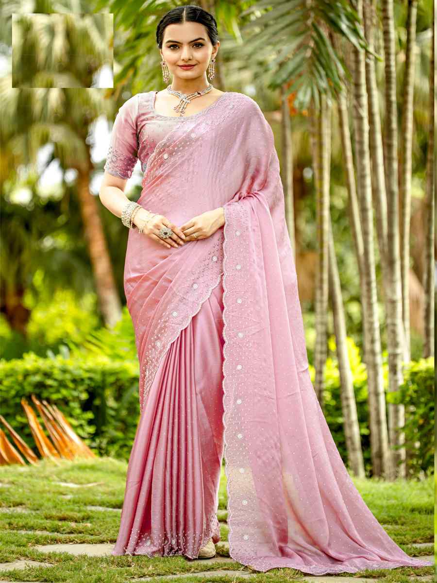 Peach Satin Chiffon Embroidered Festival Party Heavy Border Saree