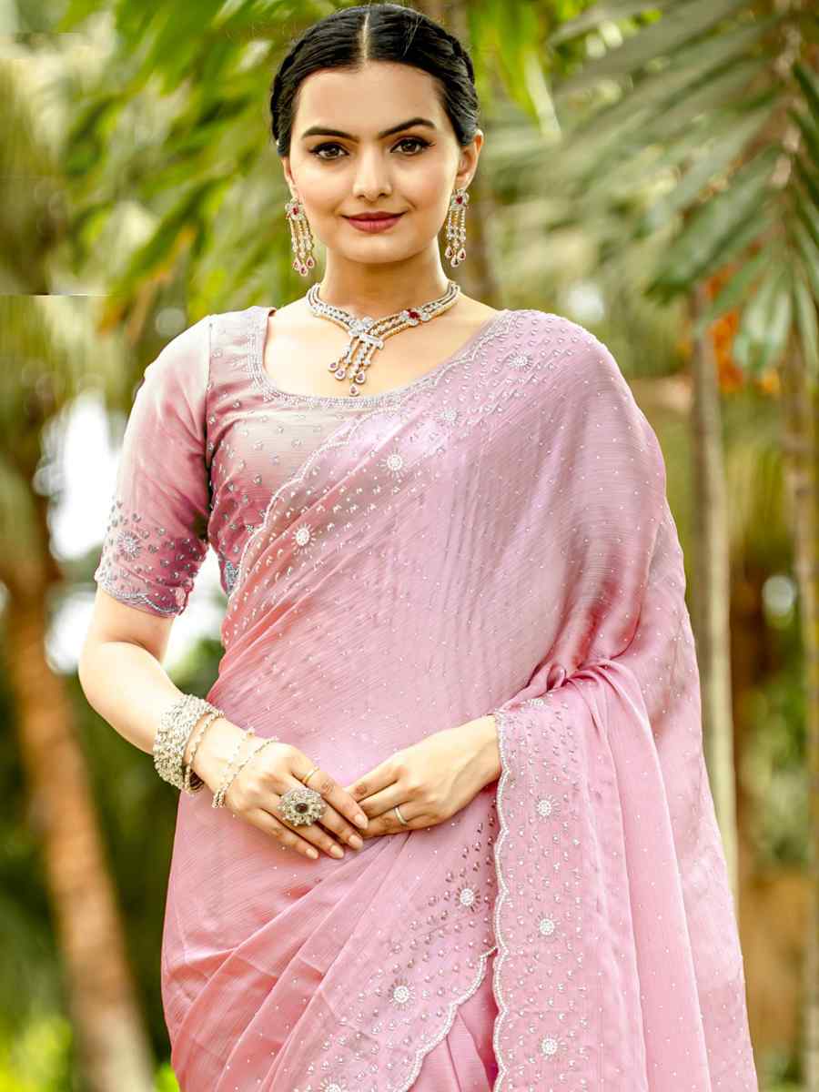 Peach Satin Chiffon Embroidered Festival Party Heavy Border Saree