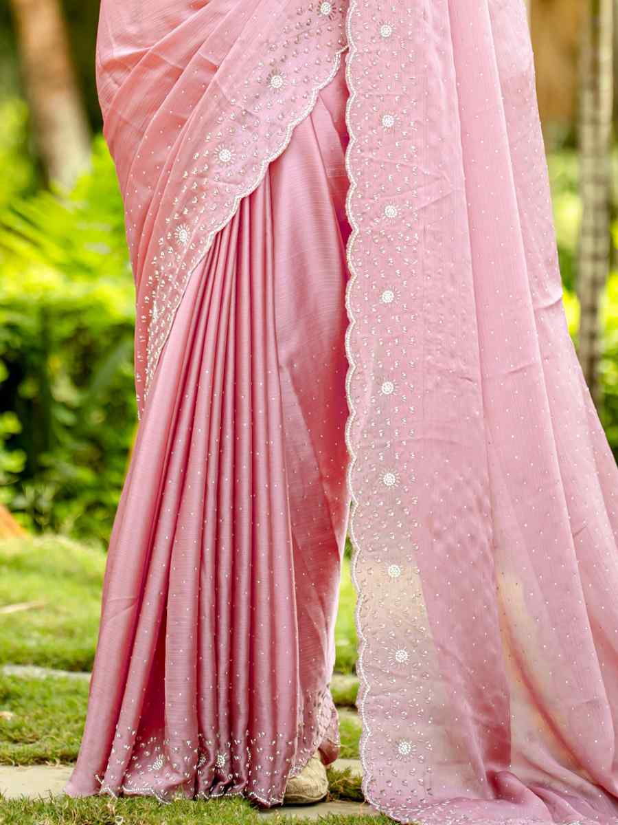 Peach Satin Chiffon Embroidered Festival Party Heavy Border Saree