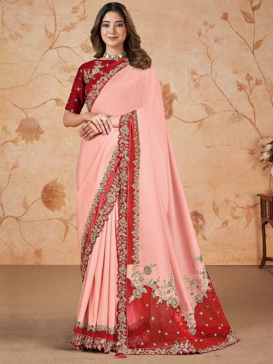 Peach Satin Silk Georgette Embroidered Festival Party Classic Style Saree