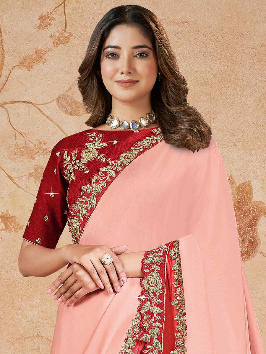 Peach Satin Silk Georgette Embroidered Festival Party Classic Style Saree