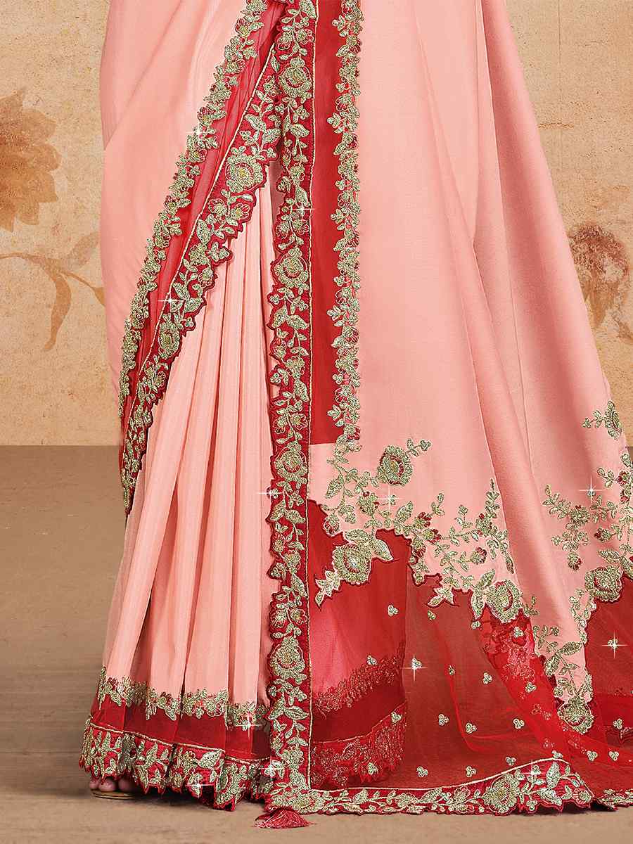 Peach Satin Silk Georgette Embroidered Festival Party Classic Style Saree