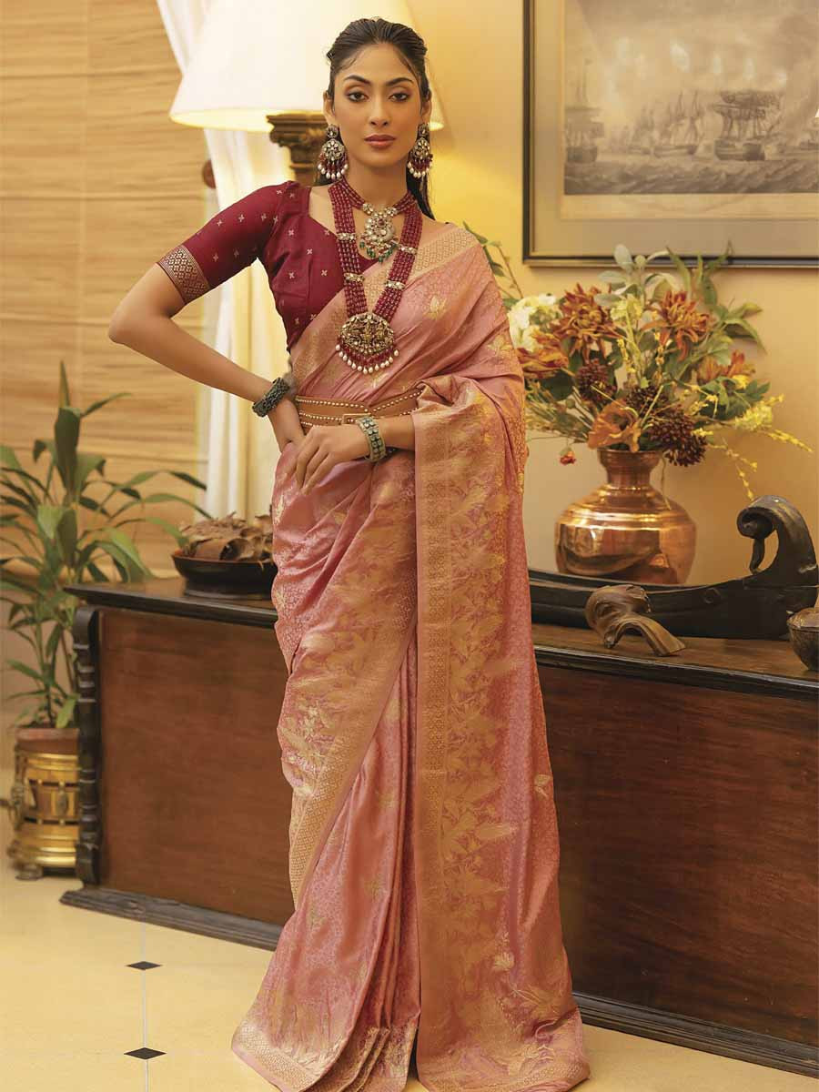 Peach Satin Silk Handwoven Festival Wedding Heavy Border Saree