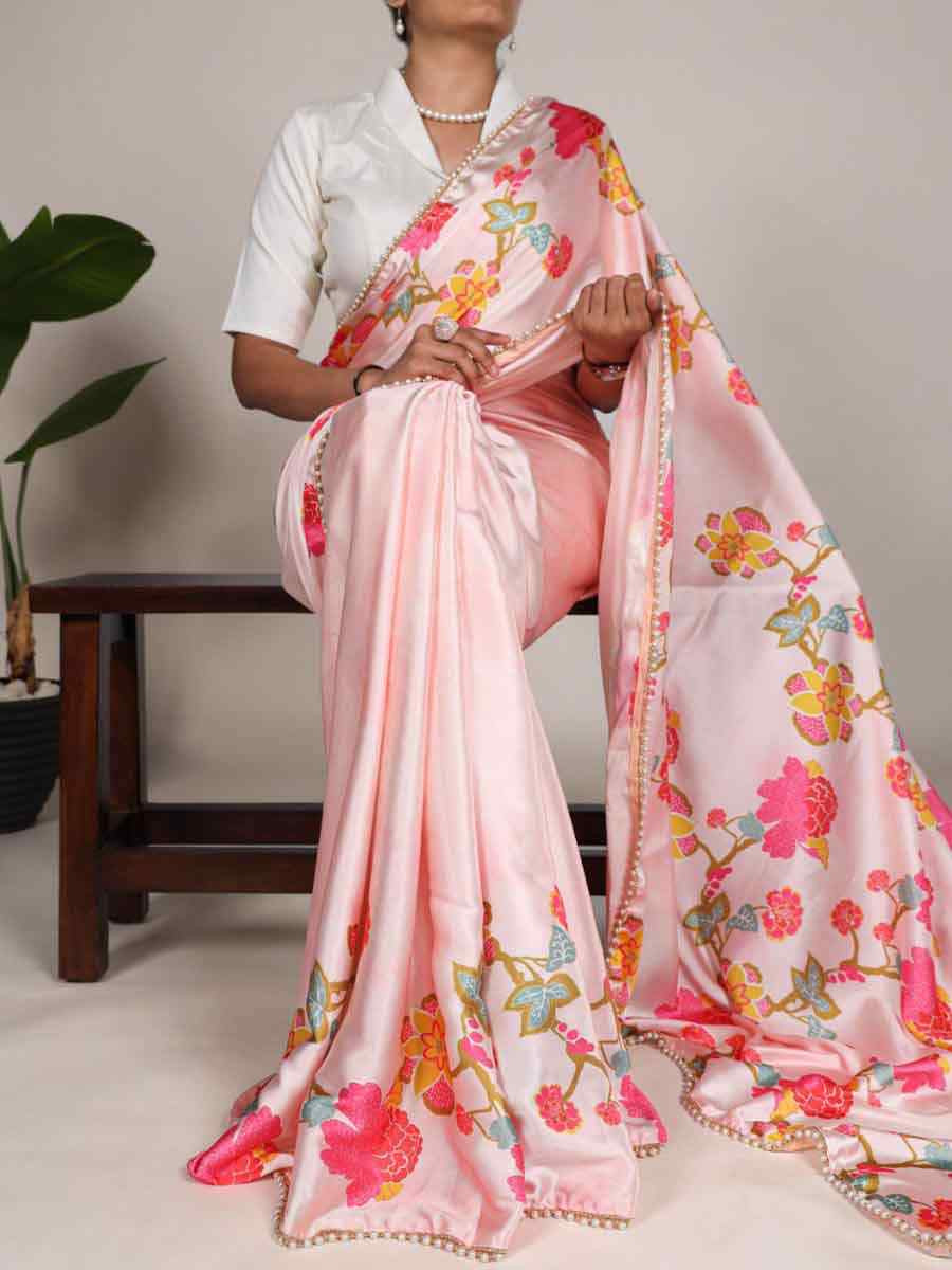 Peach Satin Silk Printed Festival Casual Contemporary Saree