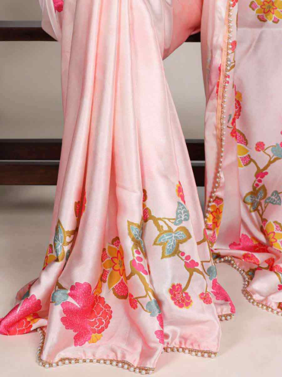 Peach Satin Silk Printed Festival Casual Contemporary Saree