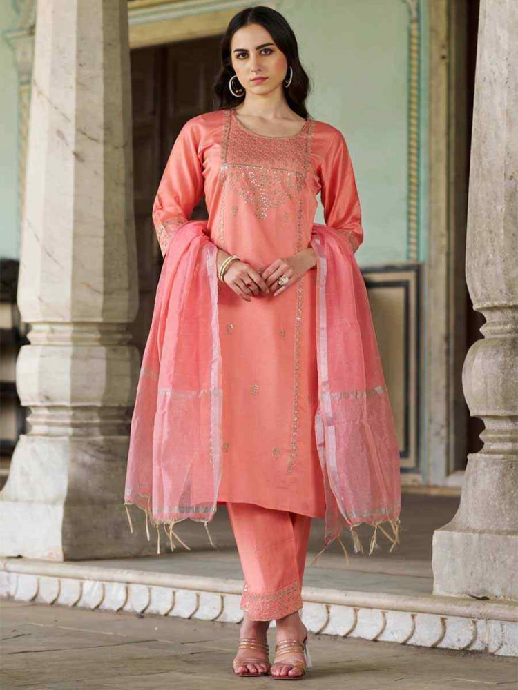 Peach Silk Blend Embroidered Festival Mehendi Ready Pant Salwar Kameez