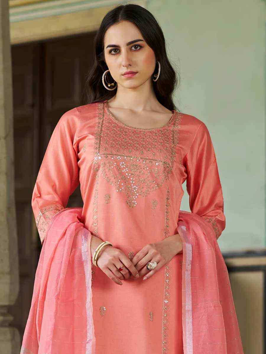 Peach Silk Blend Embroidered Festival Mehendi Ready Pant Salwar Kameez