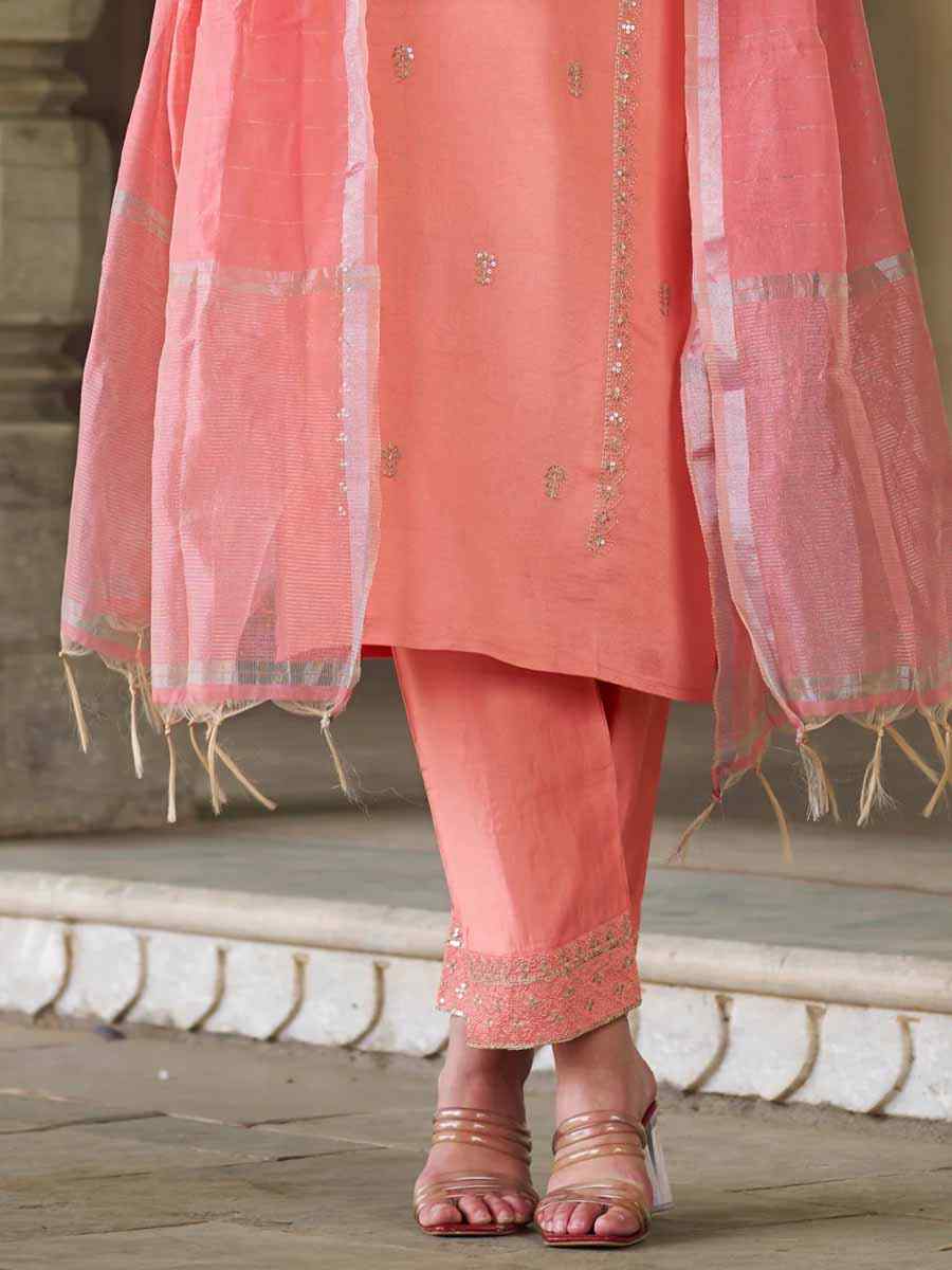 Peach Silk Blend Embroidered Festival Mehendi Ready Pant Salwar Kameez