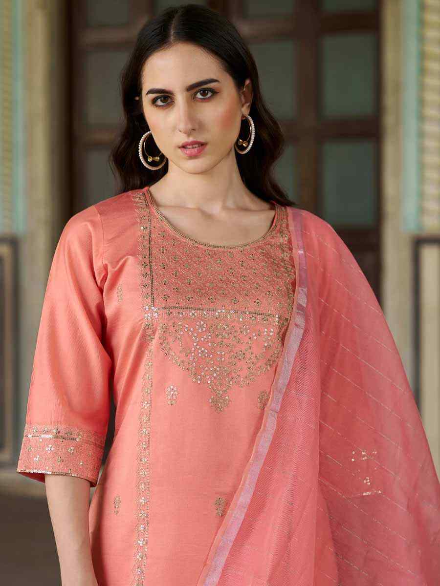 Peach Silk Blend Embroidered Festival Mehendi Ready Pant Salwar Kameez