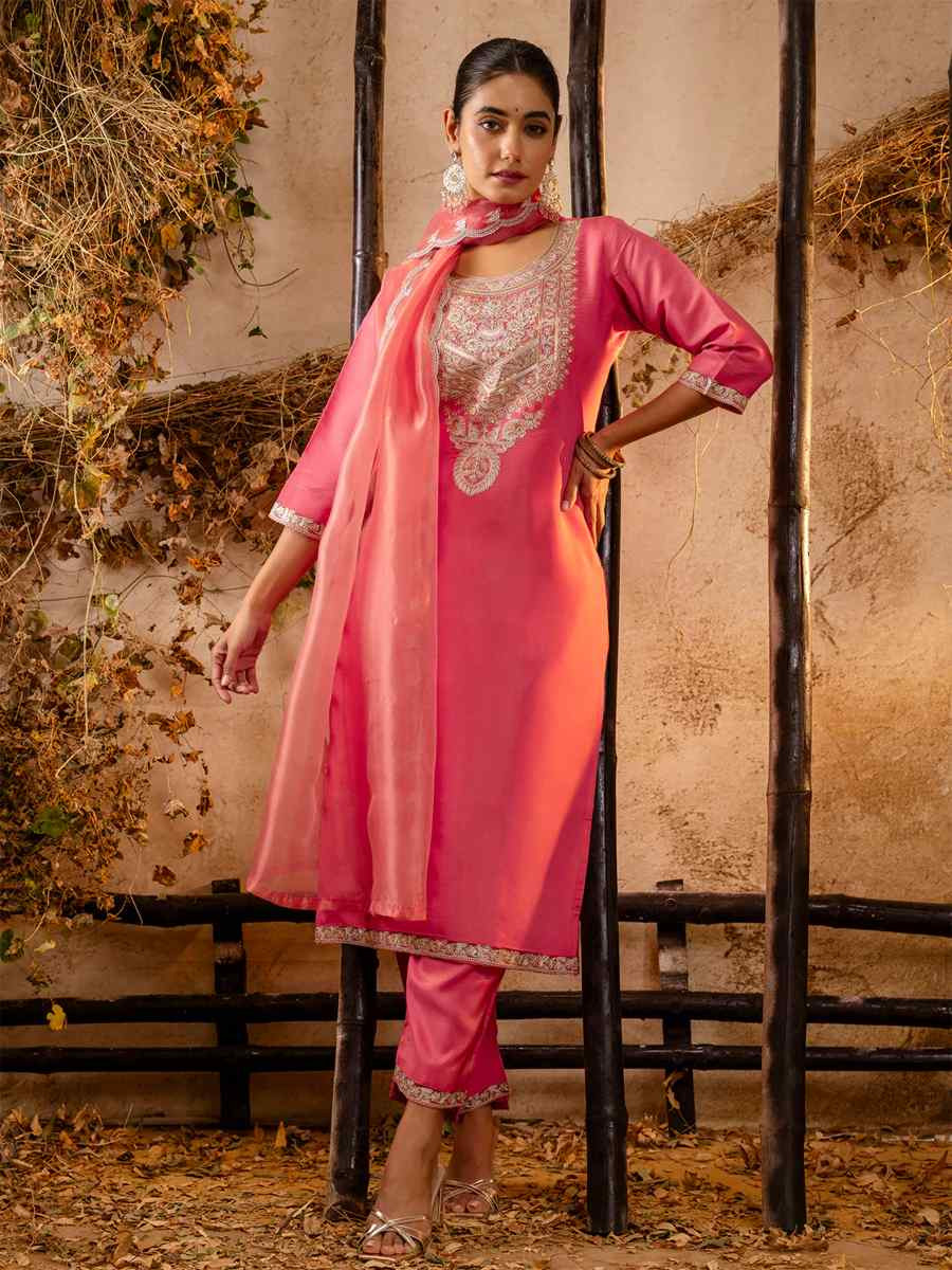 Peach Silk Blend Embroidered Party Casual Ready Pant Salwar Kameez