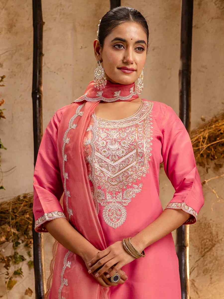 Peach Silk Blend Embroidered Party Casual Ready Pant Salwar Kameez