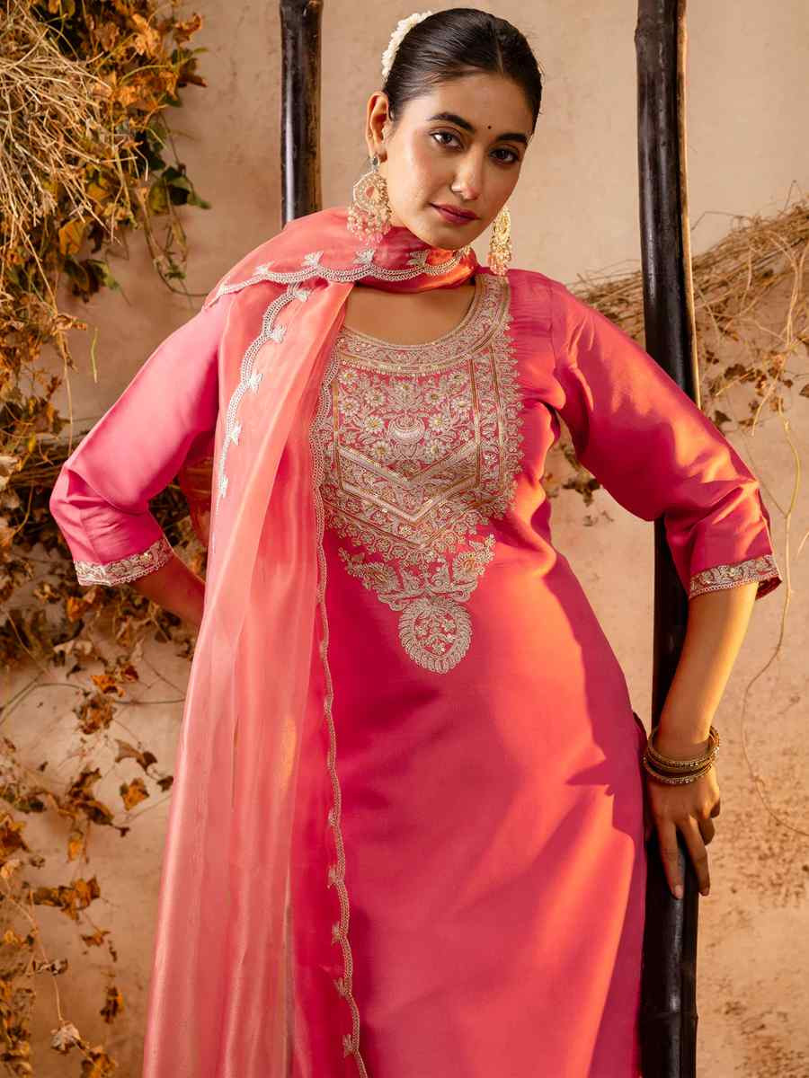 Peach Silk Blend Embroidered Party Casual Ready Pant Salwar Kameez