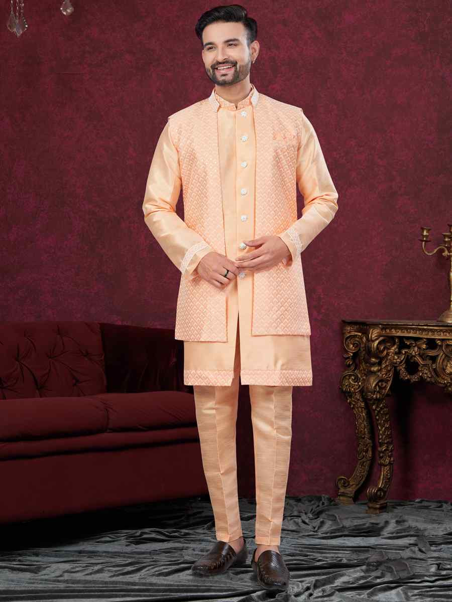 Peach Silk Dupion Embroidered Festival Wedding Sherwani