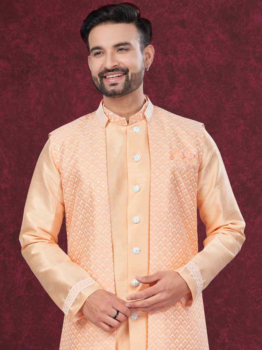 Peach Silk Dupion Embroidered Festival Wedding Sherwani