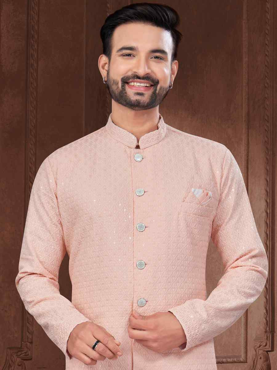 Peach Silk Dupion Embroidered Festival Wedding Sherwani