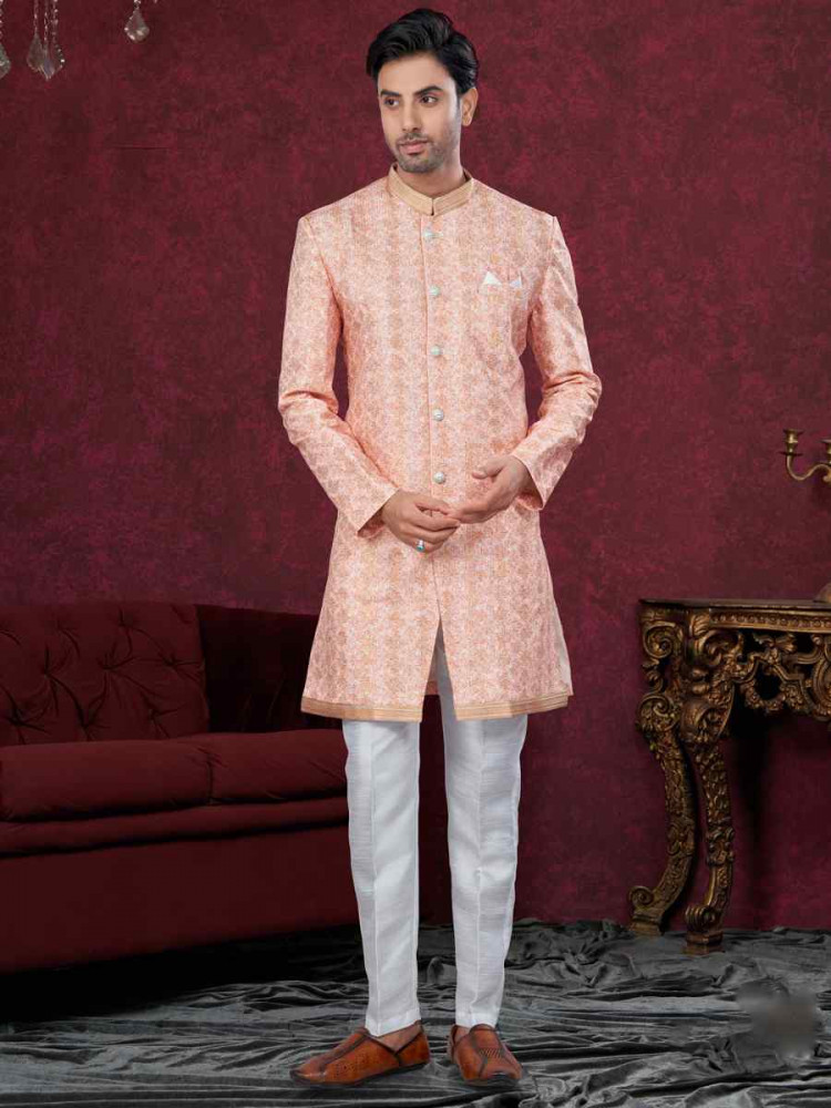 Peach Silk Dupion Embroidered Festival Wedding Sherwani